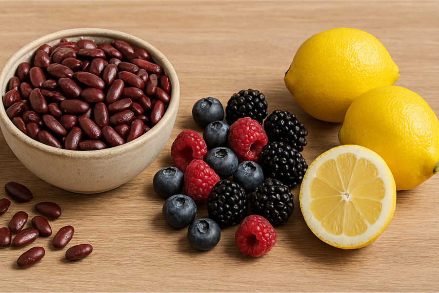 Kidney beans, berries, and lemons arranged on a wooden table to promote how to cleanse kidneys naturally with food