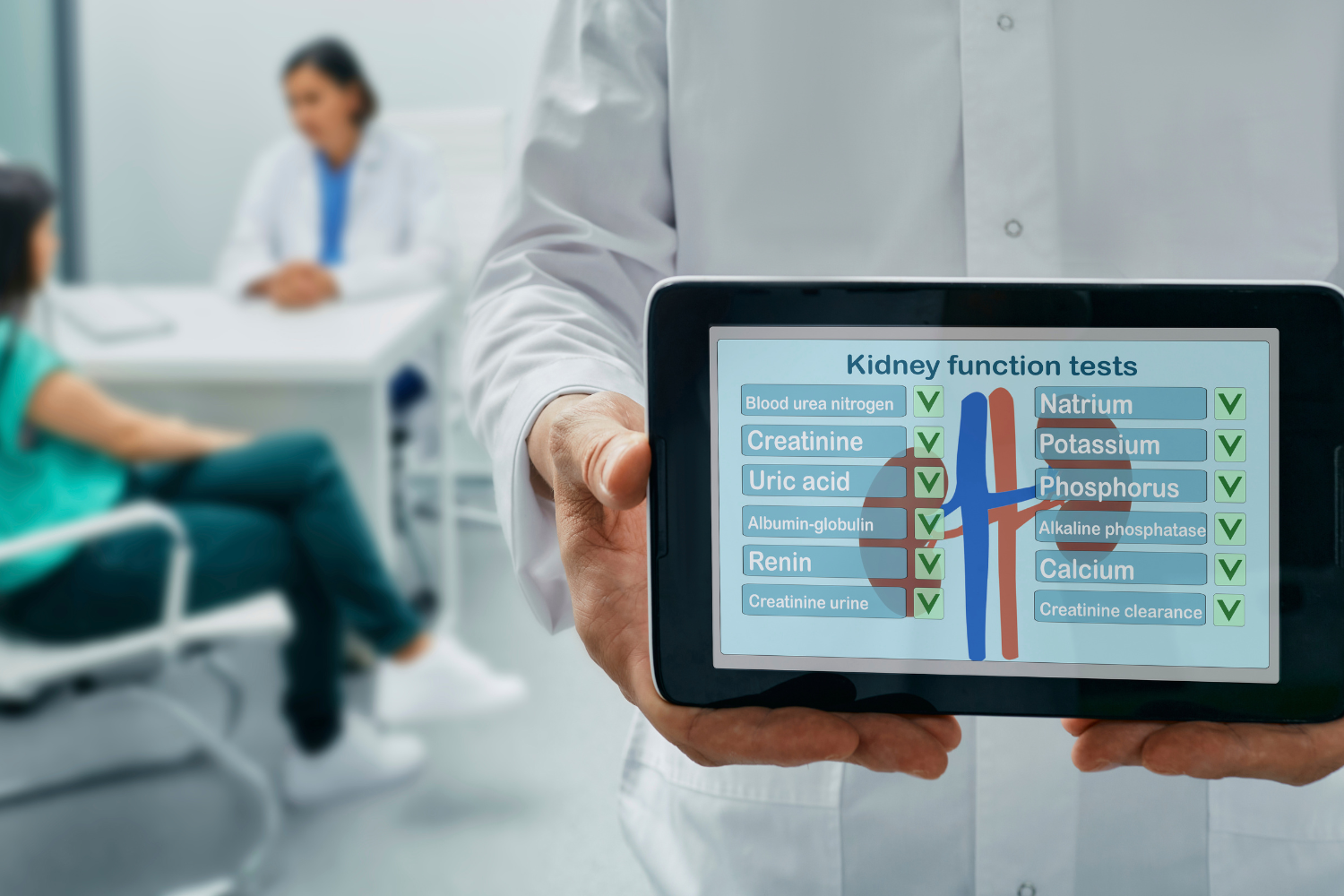 A doctor holds a tablet displaying kidney function test results, including blood urea nitrogen, creatinine, uric acid, renin, natrium, potassium, phosphorus, alkaline phosphatase, calcium, and creatinine clearance, with a diagram of a kidney in the backgr