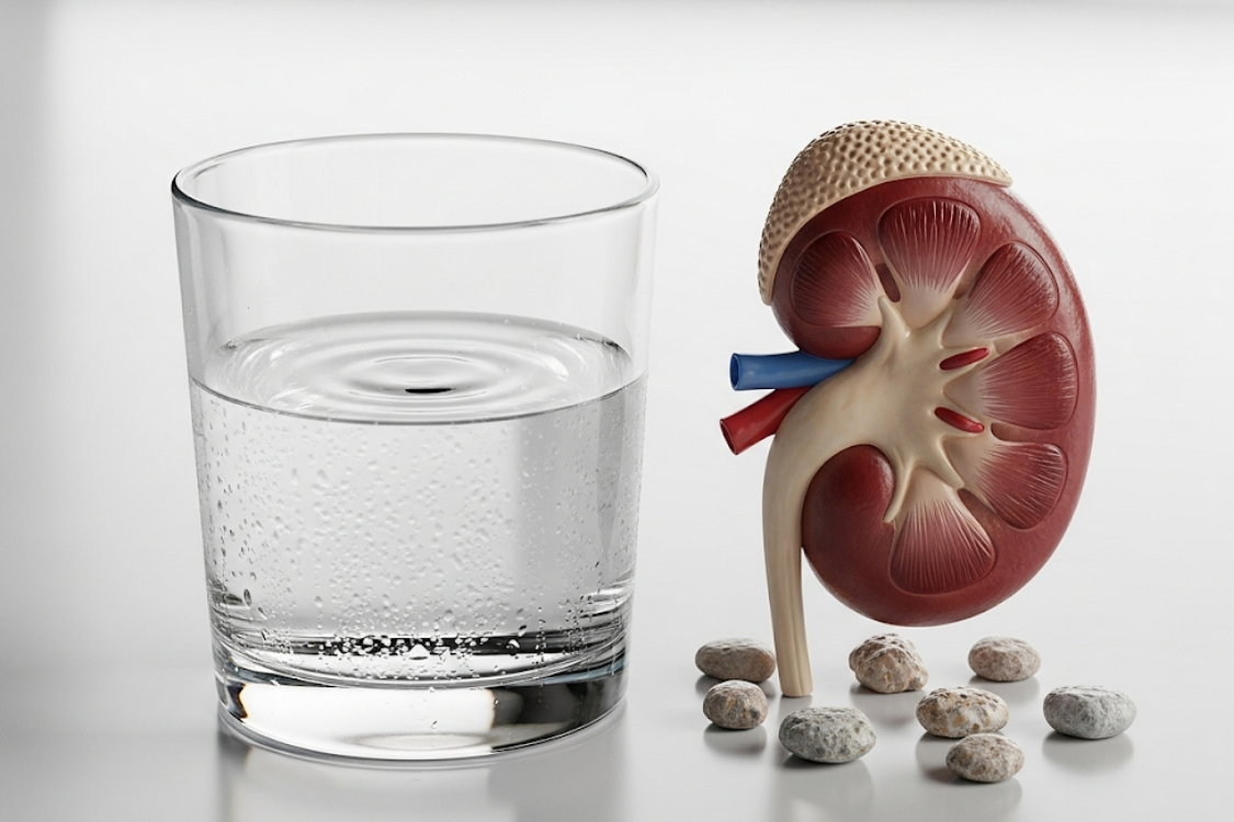 Kidney model with stones next to a glass of water