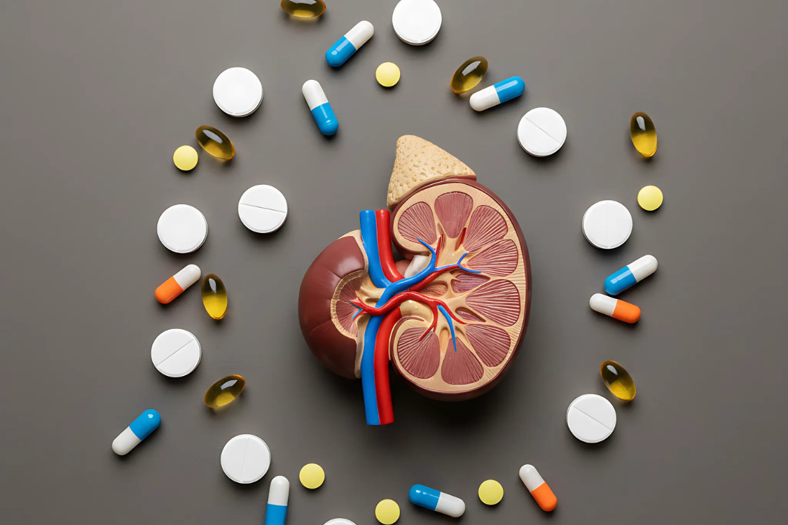 Kidney model surrounded by vitamins and supplements for kidney health