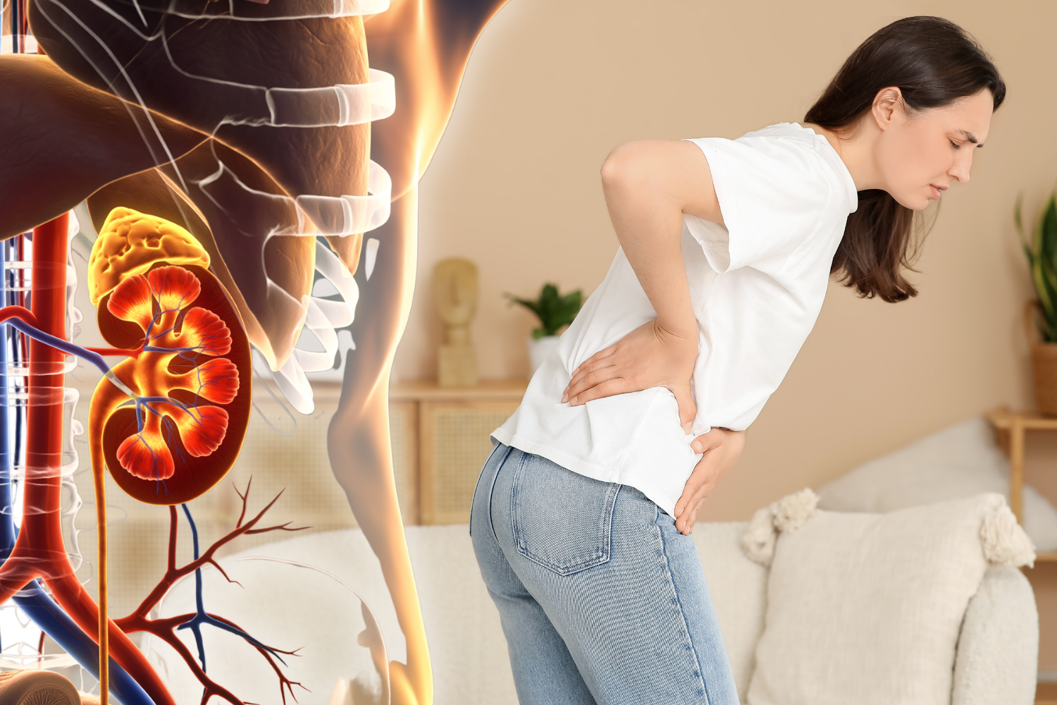 Person holding lower back in pain beside kidney anatomy illustration, showing kidney stone discomfort and relief positions.
