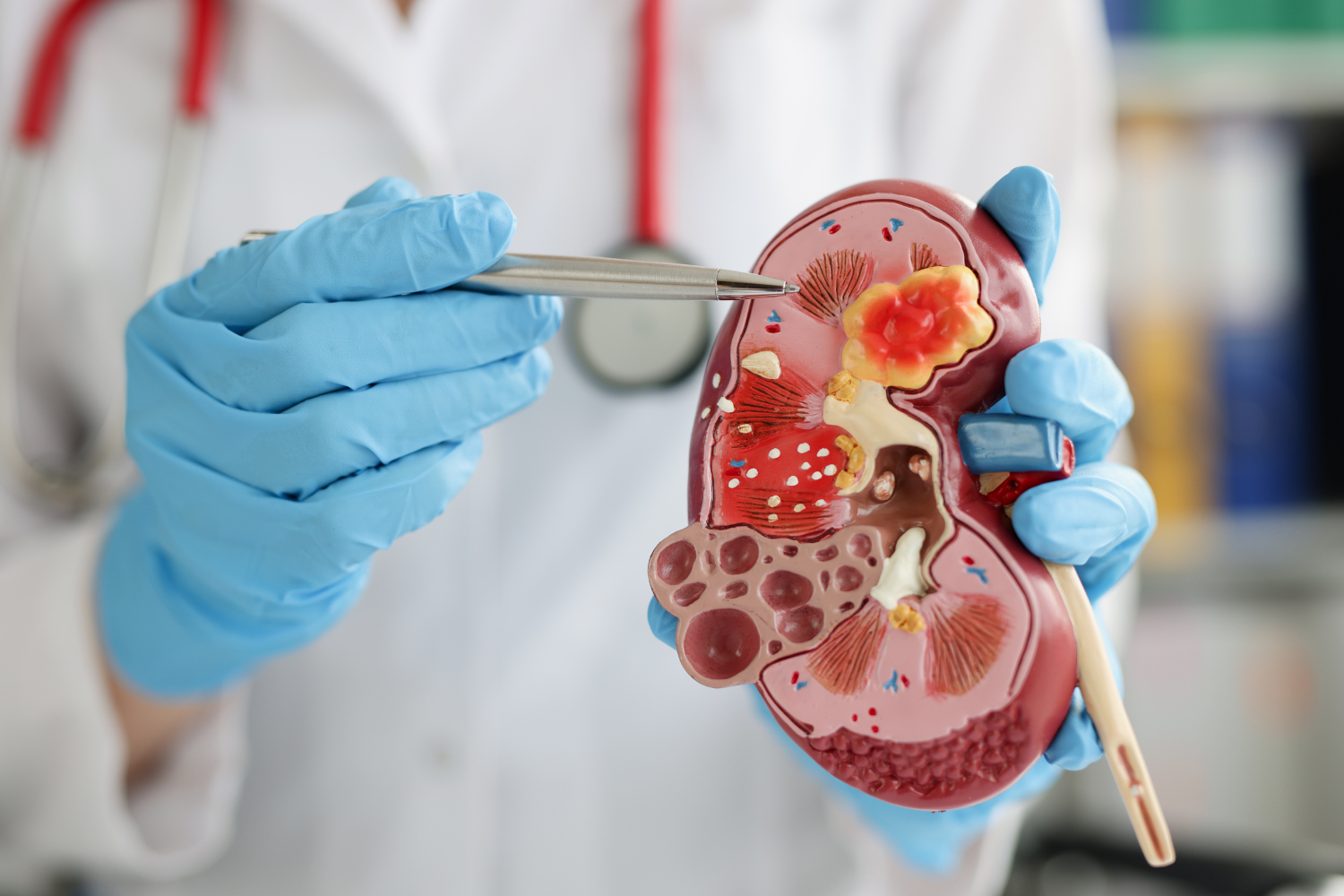 A medical professional showing the kidneys.