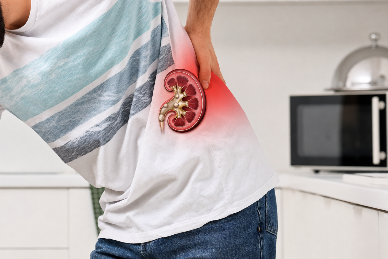 Person holding their side beside an illustration of a kidney containing stones.