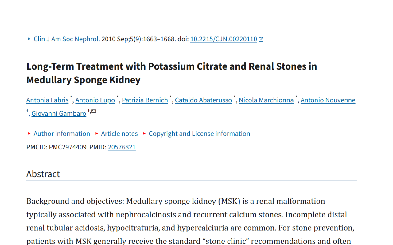 Title page of a medical journal article titled "Long-Term Treatment with Potassium Citrate and Renal Stones in Medullary Sponge Kidney" with author names and abstract.