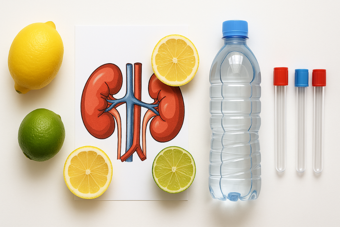 Flat lay of kidney health tools with citrus fruits and urine test for low citric acid in urine