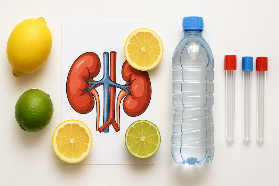 Flat lay of kidney health tools with citrus fruits and urine test for low citric acid in urine
