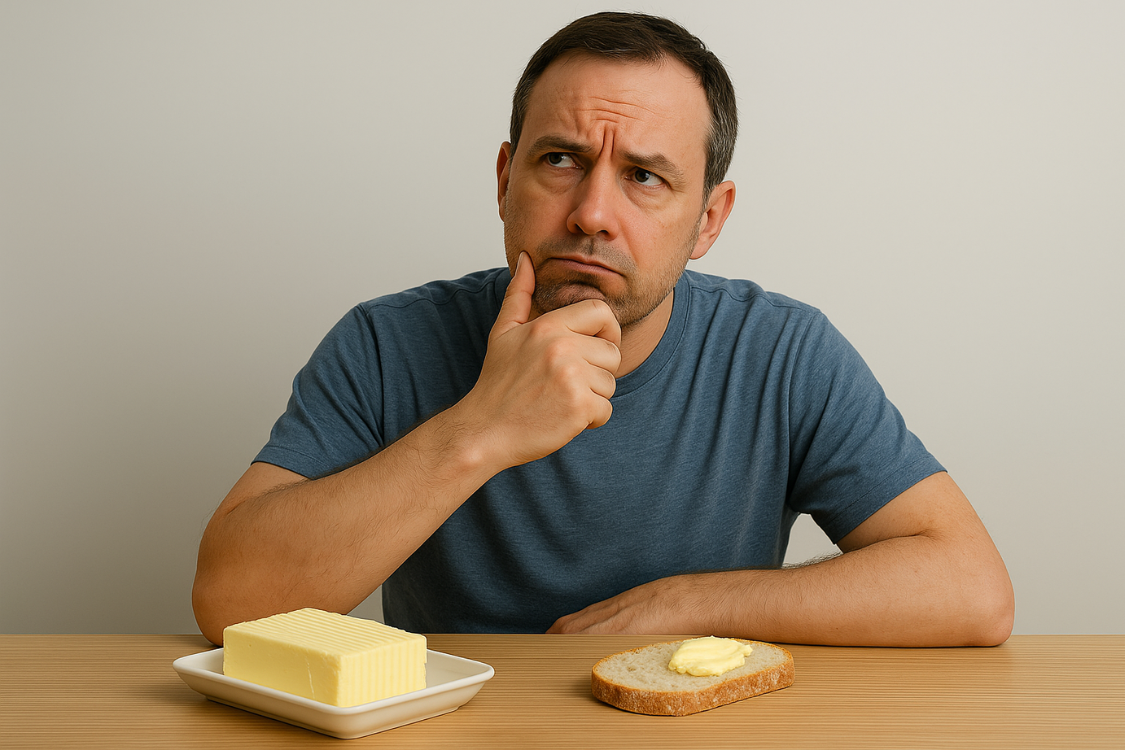 Man thinking about eating butter while managing gout symptoms