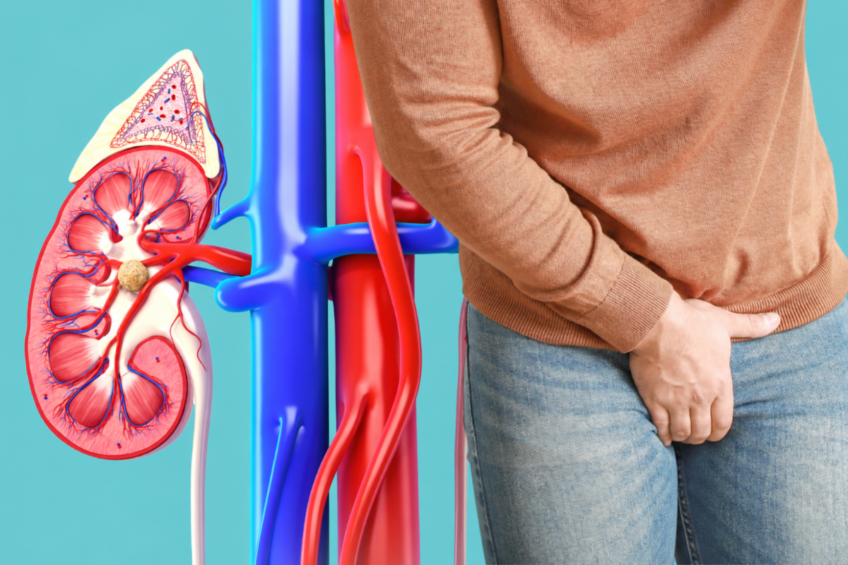 Man holding his groin in pain beside an anatomical kidney showing a kidney stone.