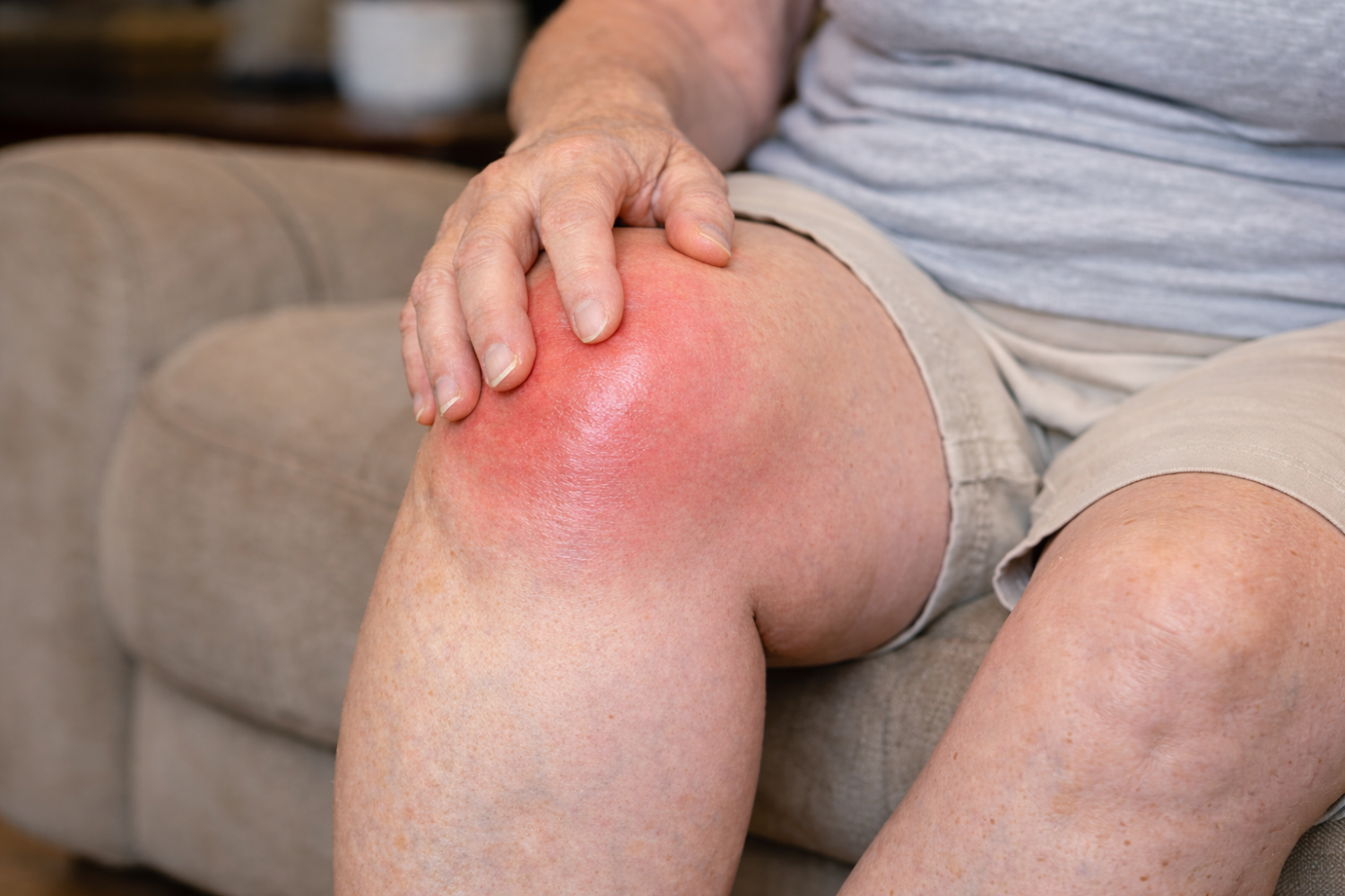 A person is holding their knee which is red and inflamed, suggesting pain or injury.