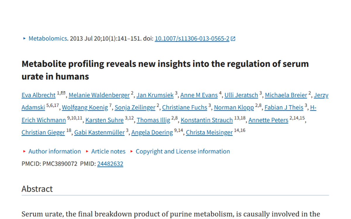 A screenshot of the article, "Metabolite profiling reveals new insights into the regulation of serum urate in humans".