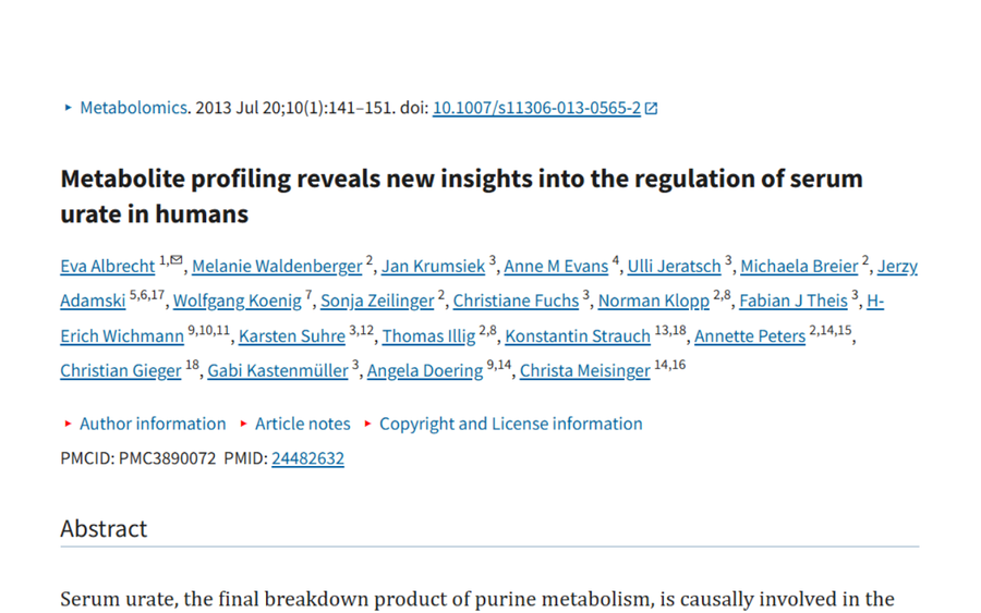 A screenshot of the article, "Metabolite profiling reveals new insights into the regulation of serum urate in humans".