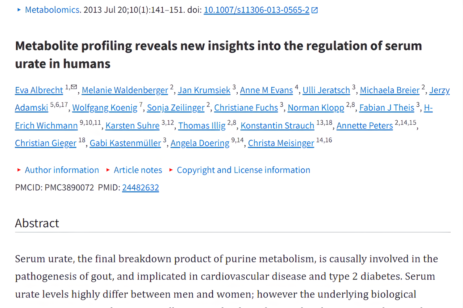 A screenshot of the article, "Metabolite profiling reveals new insights into the regulation of serum urate in humans".