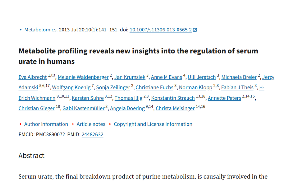 The title page of the scientific article 'Metabolite profiling reveals new insights into the regulation of serum urate in humans'