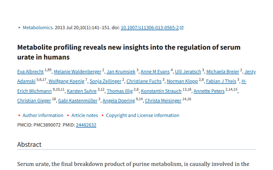 The title page of the scientific article 'Metabolite profiling reveals new insights into the regulation of serum urate in humans'