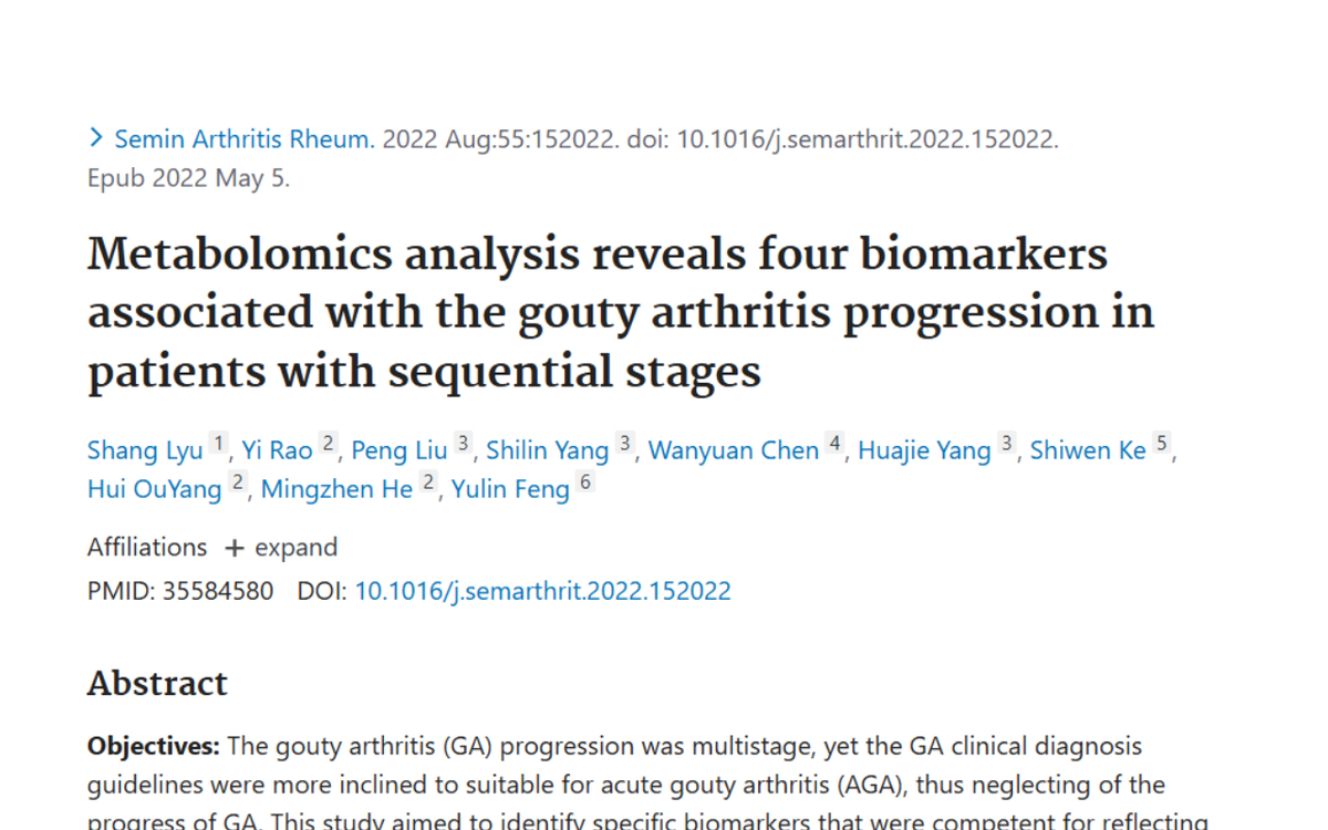 Text reads, 'Metabolomics analysis reveals four biomarkers associated with the gouty arthritis progression in patients with sequential stages' followed by author names, affiliations, abstract, objectives, and methods.