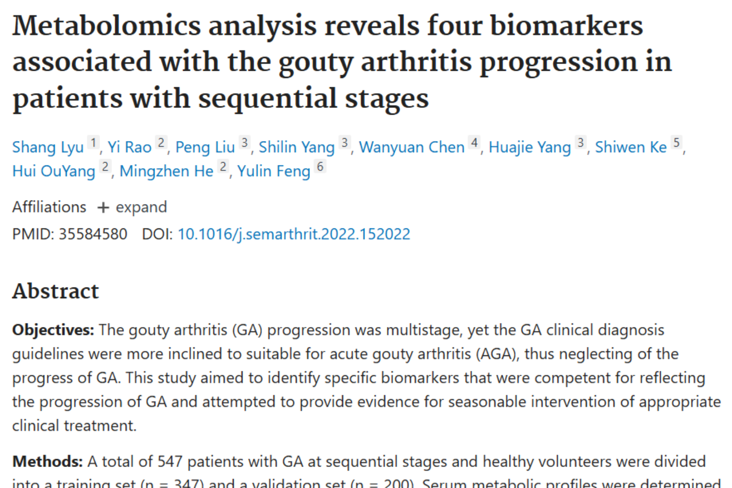 Text reads, 'Metabolomics analysis reveals four biomarkers associated with the gouty arthritis progression in patients with sequential stages' followed by author names, affiliations, abstract, objectives, and methods.