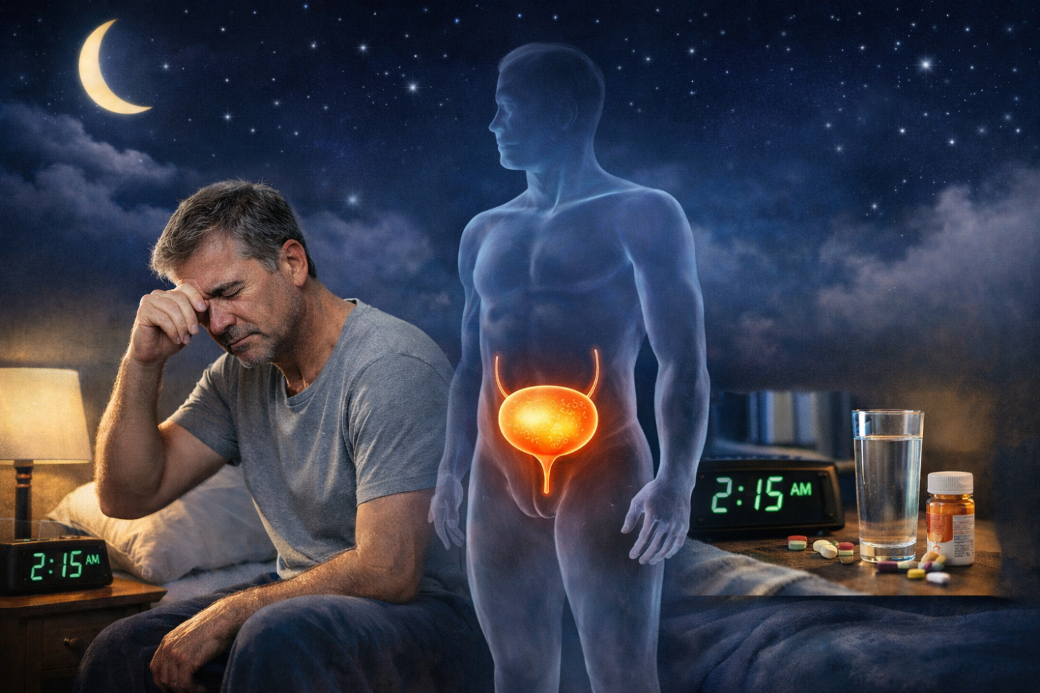 A man sits on a bed at night, holding his forehead in distress, while a translucent blue figure with a glowing bladder hovers beside him. An alarm clock reads 2:15 AM, and medication and a glass of water are on the nightstand.