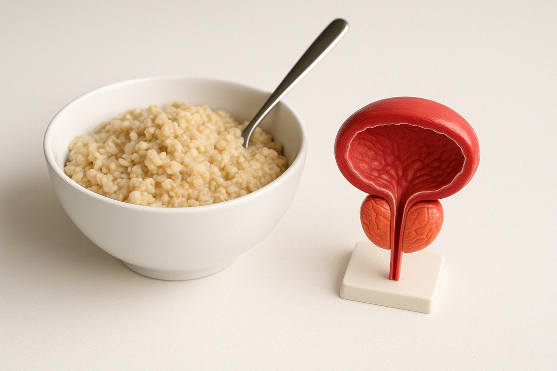 Bowl of plain oatmeal next to a 3D model of the prostate gland, representing dietary support for prostate function.