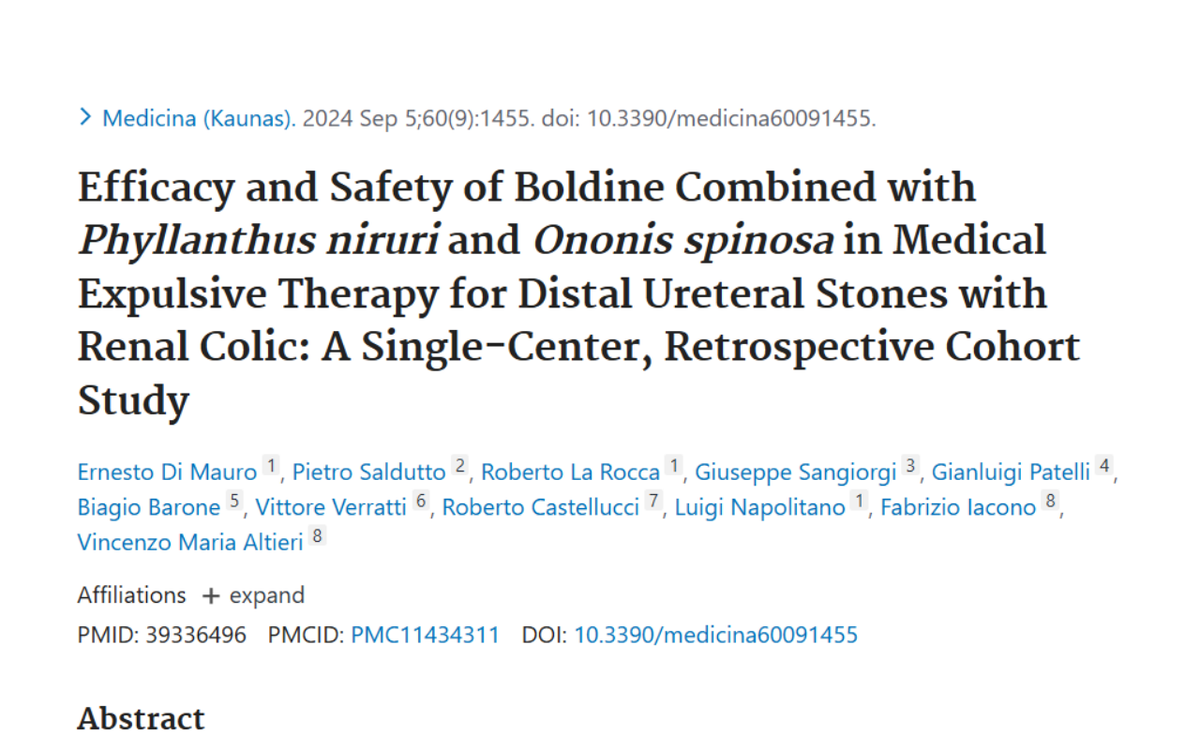 A research paper titled, "Efficacy and Safety of Boldine Combined with Phyllanthus niruri and Ononis spinosa in Medical Expulsive Therapy for Distal Ureteral Stones with Renal Colic: A Single-Center, Retrospective Cohort Study."