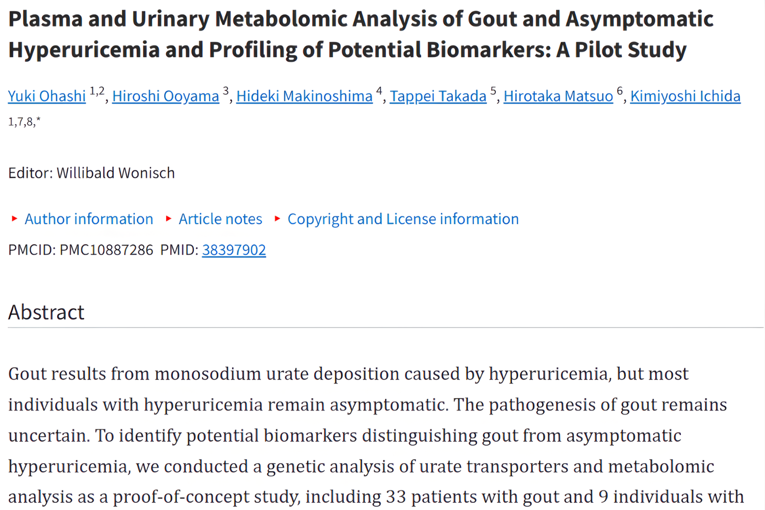 A document titled "Plasma and Urinary Metabolomic Analysis of Gout and Asymptomatic Hyperuricemia and Profiling of Potential Biomarkers: A Pilot Study" with a list of authors and an abstract.