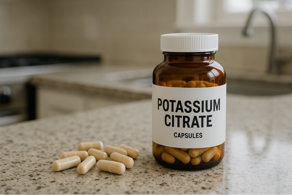 Potassium citrate bottle with capsules on a kitchen counter