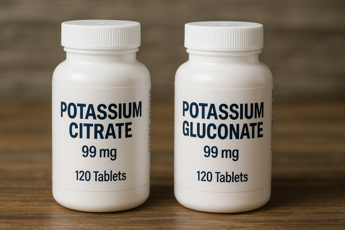 Bottles of potassium citrate and potassium gluconate 99 mg supplements side by side