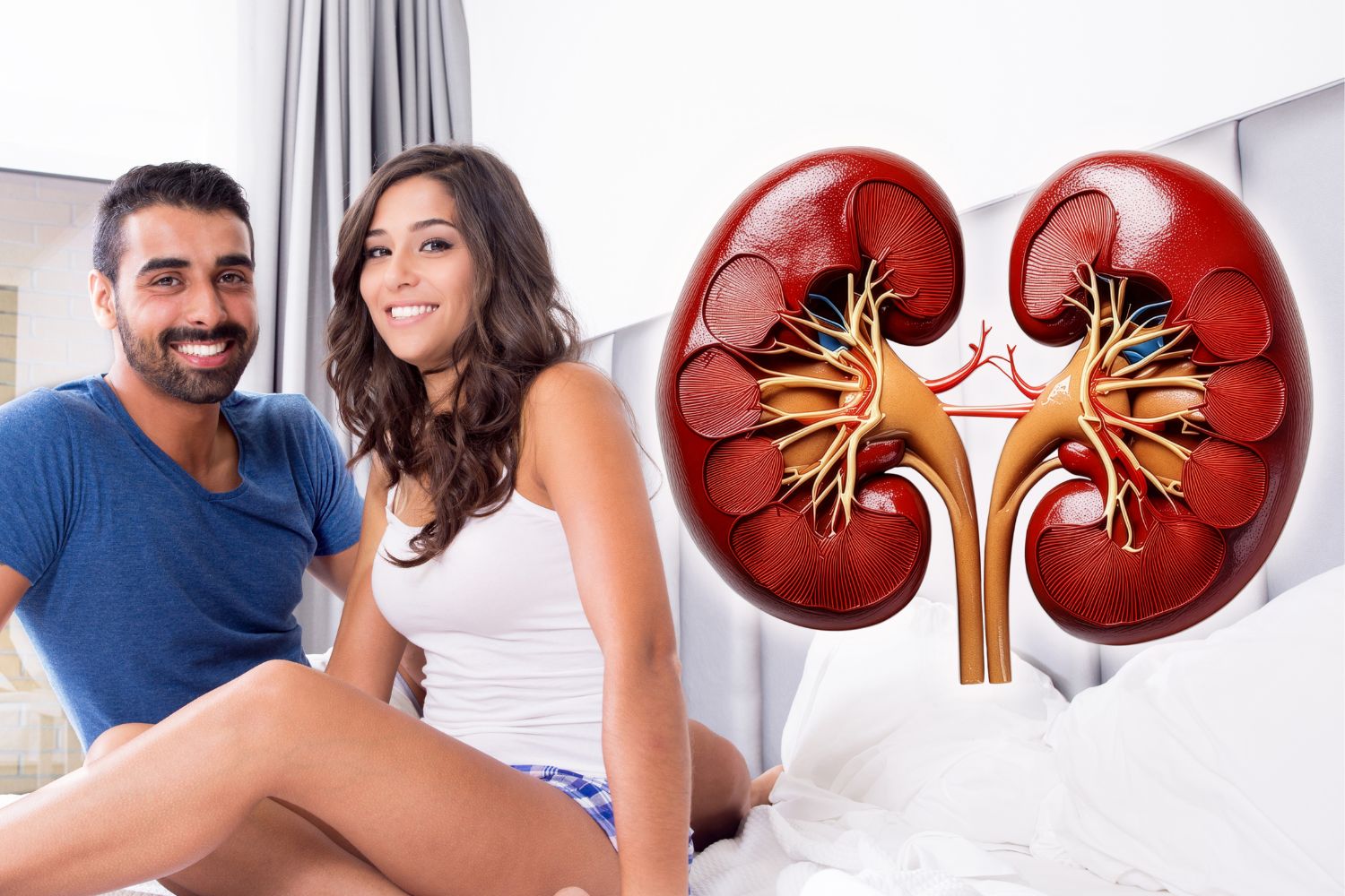 Kidney anatomy illustration over couple on bed, highlighting urinary health and UTI prevention after sex.