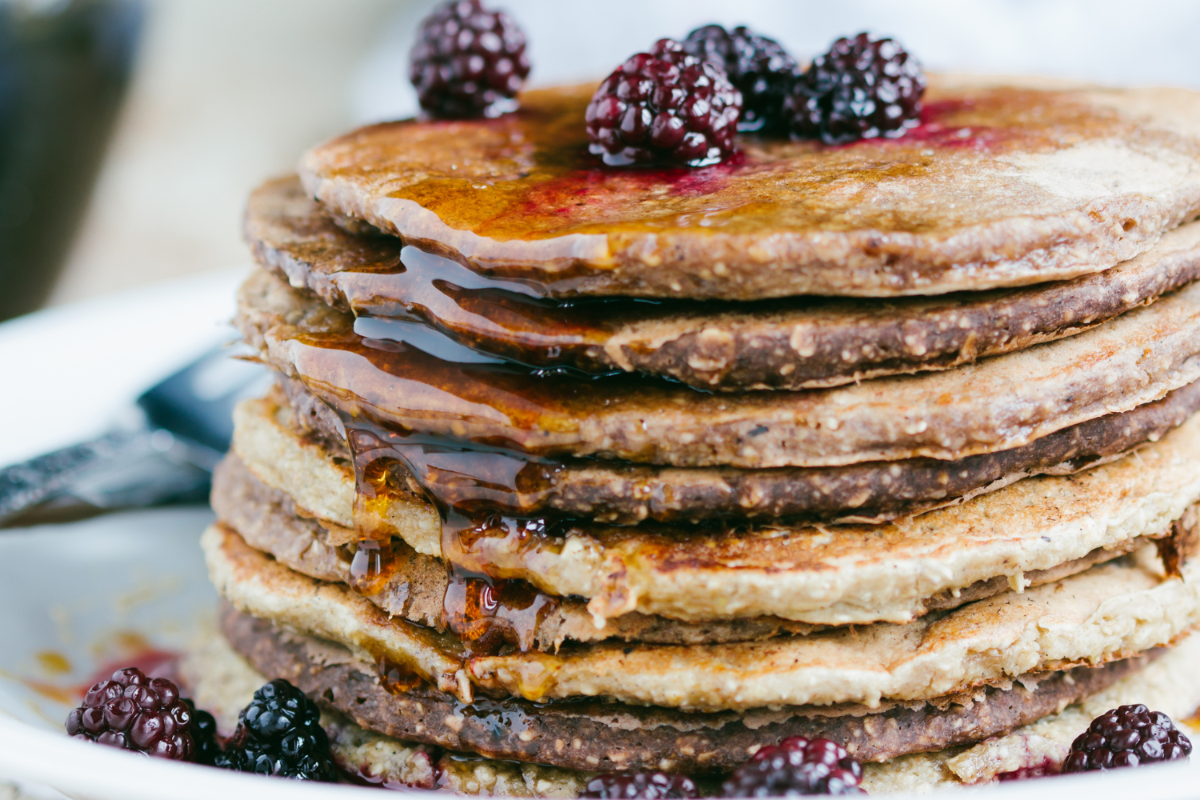 Stack of blueberry pancakes.