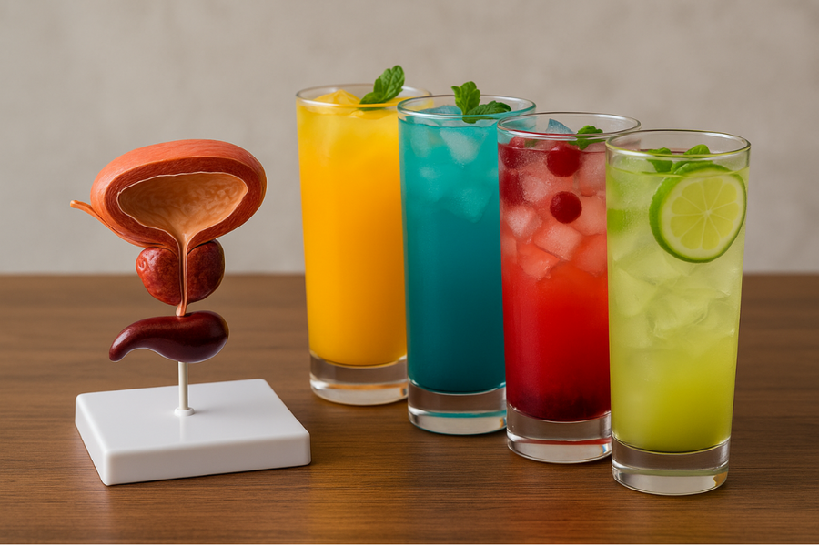 A model of the prostate gland next to colorful beverages that may help support urinary and prostate health.