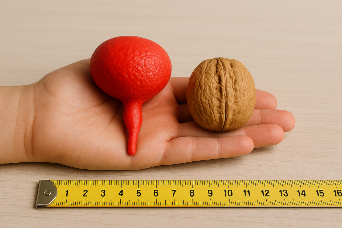 Hand holding enlarged prostate and walnut models with a ruler on the table for size comparison