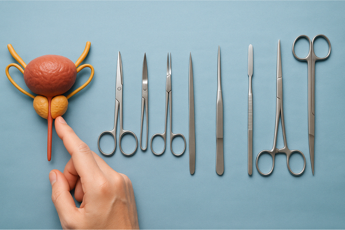 3D model of the male urinary system next to surgical instruments used in prostatectomy.