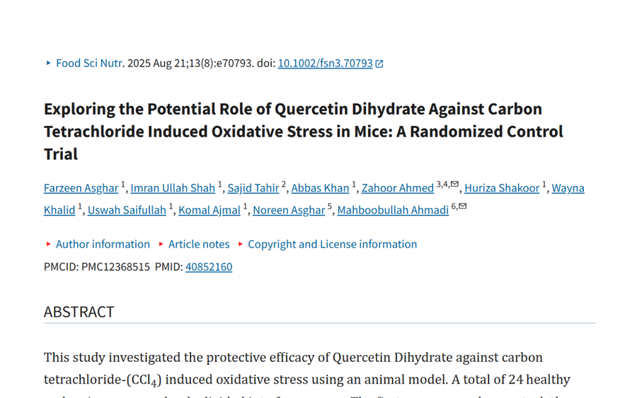The title of a research paper is 'Exploring the Potential Role of Quercetin Dihydrate Against Carbon Tetrachloride Induced Oxidative Stress in Mice: A Randomized Control Trial'.