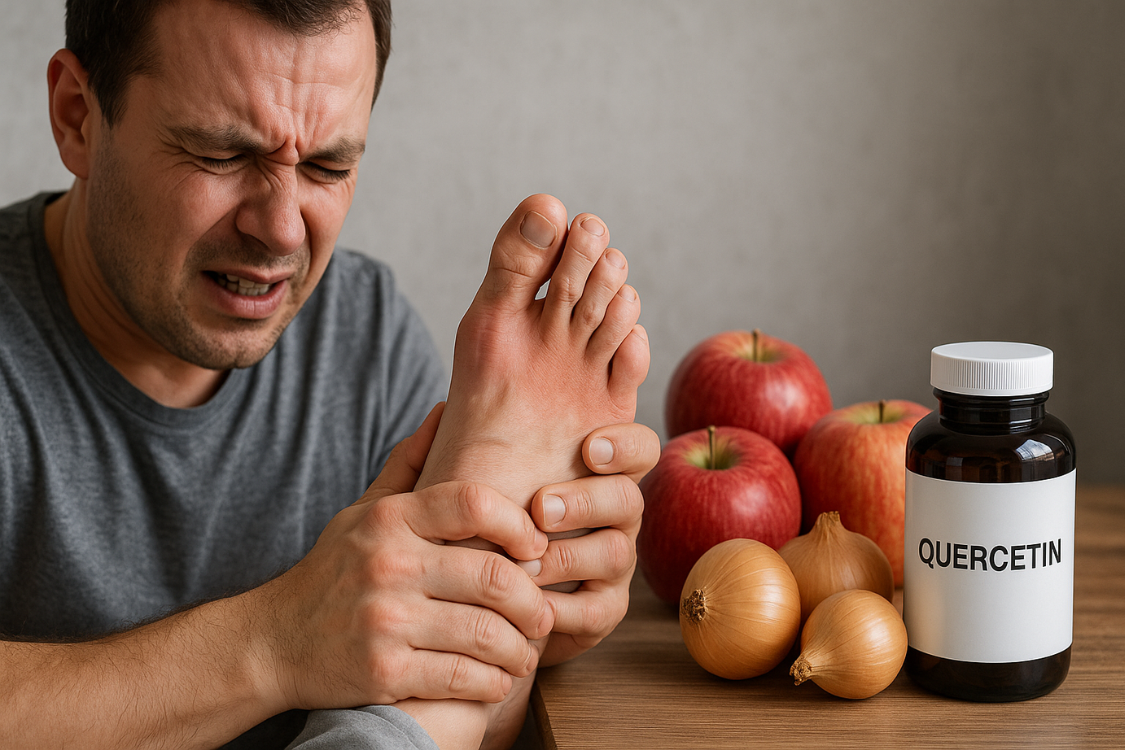man with gout foot pain next to natural quercetin supplements and foods