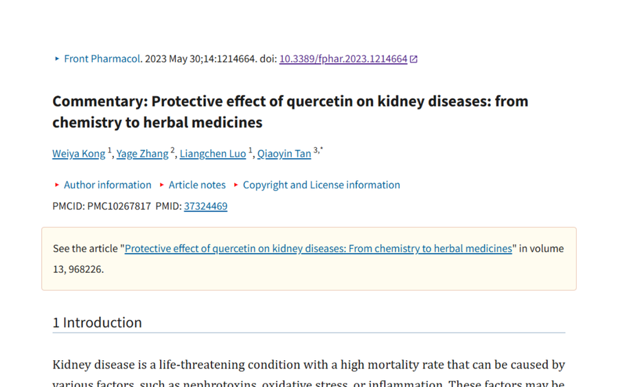 Commentary on the protective effect of quercetin on kidney diseases, from chemistry to herbal medicines. Authors include Weiya Kong, Yage Zhang, Liangchen Luo, and Qiaoyin Tan. Article details and introduction to kidney disease are provided.