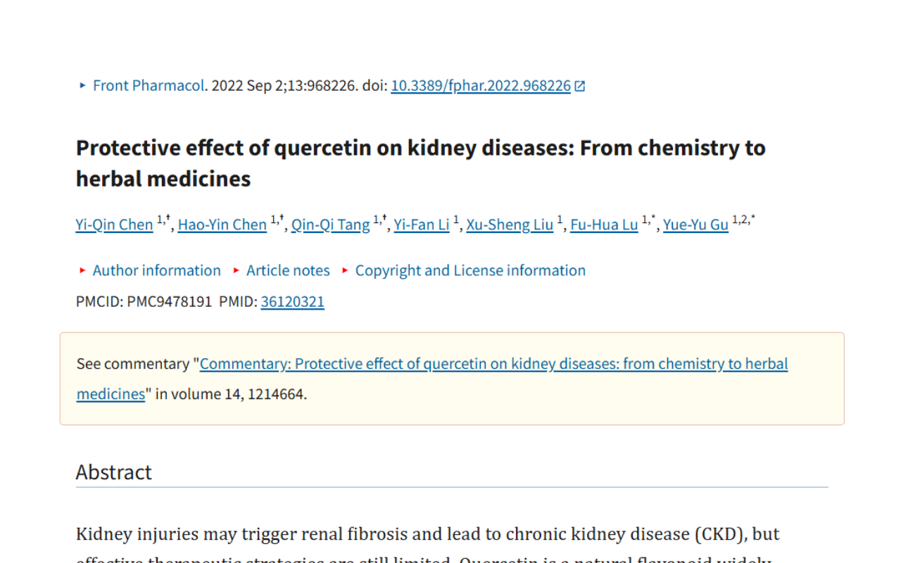 Title page of a scientific article titled 'Protective effect of quercetin on kidney diseases: From chemistry to herbal medicines', including author names, publication details, and abstract.