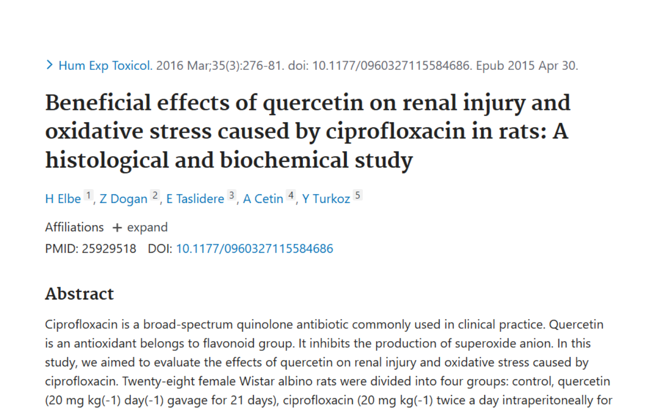 Title page of a scientific paper titled "Beneficial effects of quercetin on renal injury and oxidative stress caused by ciprofloxacin in rats: A histological and biochemical study," including author names and abstract summary.