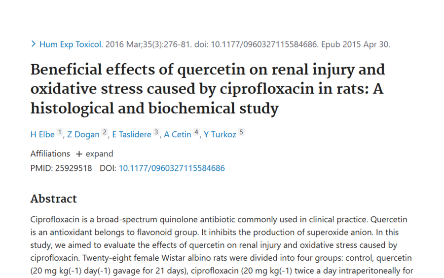 Title page of a scientific paper titled "Beneficial effects of quercetin on renal injury and oxidative stress caused by ciprofloxacin in rats: A histological and biochemical study," including author names and abstract summary.