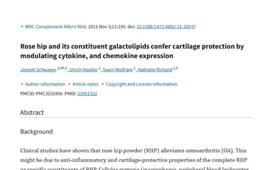 Title of scientific article: Rose hip and its constituent galactolipids confer cartilage protection by modulating cytokine, and chemokine expression. 