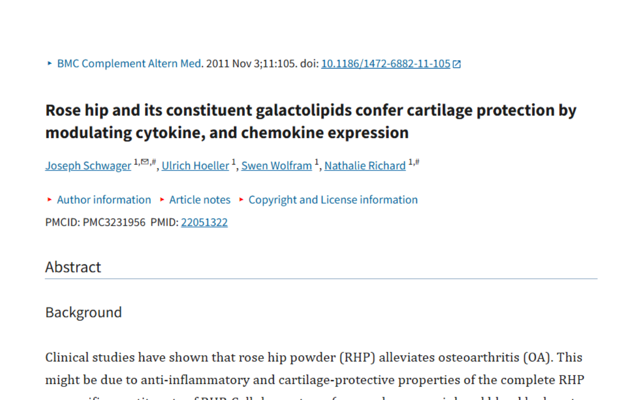 The title of a research paper is "Rose hip and its constituent galactolipids confer cartilage protection by modulating cytokine, and chemokine expression." 
