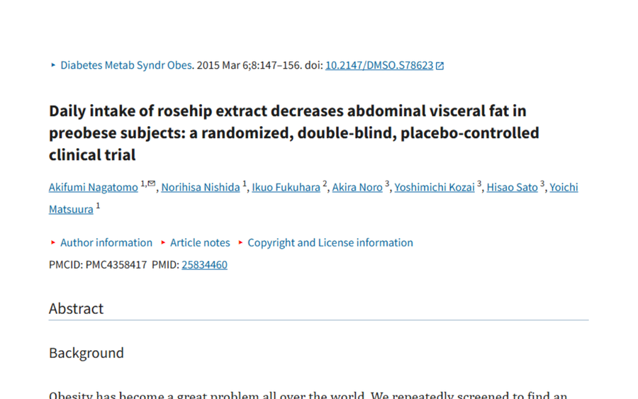 The title of a research paper: 'Daily intake of rosehip extract decreases abdominal visceral fat in preobese subjects: a randomized, double-blind, placebo-controlled clinical trial'. The authors and publication details are also visible.