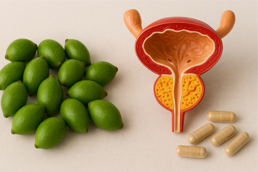  Bowl of green saw palmetto berries with supplement capsules on a table, representing saw palmetto benefits for prostate health and urinary symptoms.