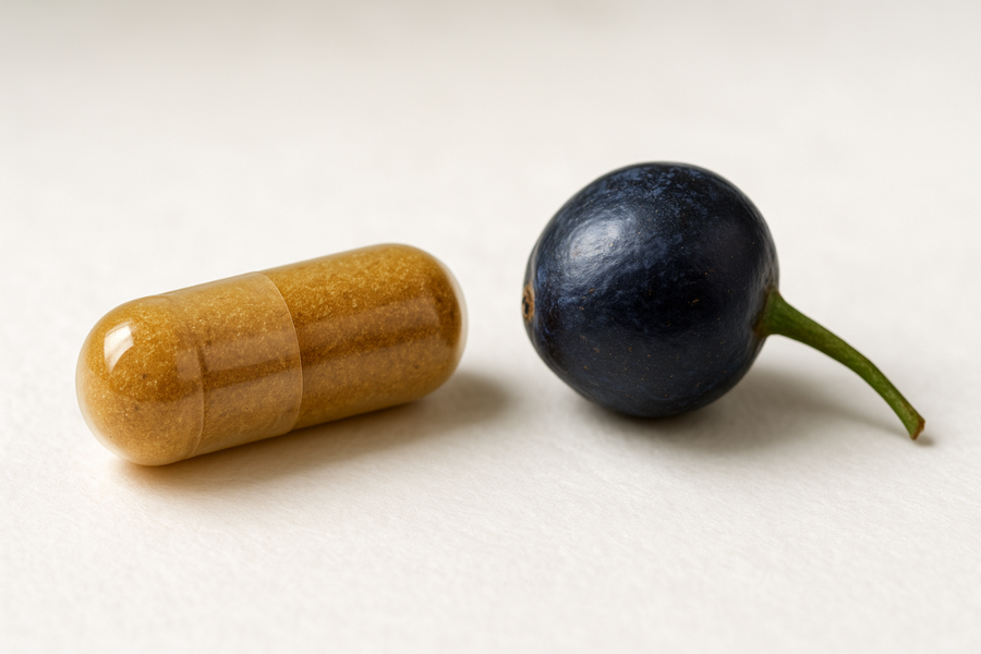Close-up of saw palmetto berry and herbal supplement capsule used for managing BPH symptoms