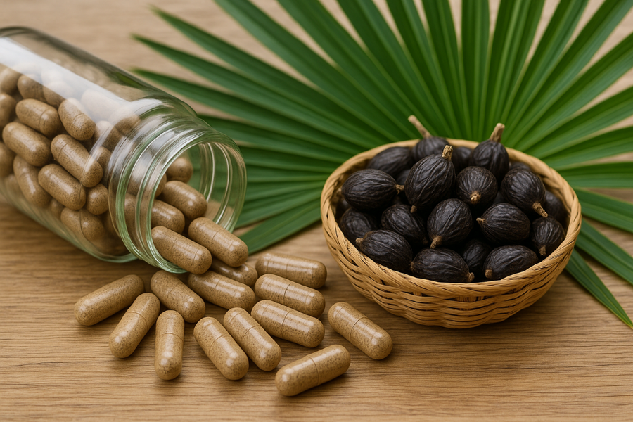 Saw palmetto herbal capsules and dried berries on table