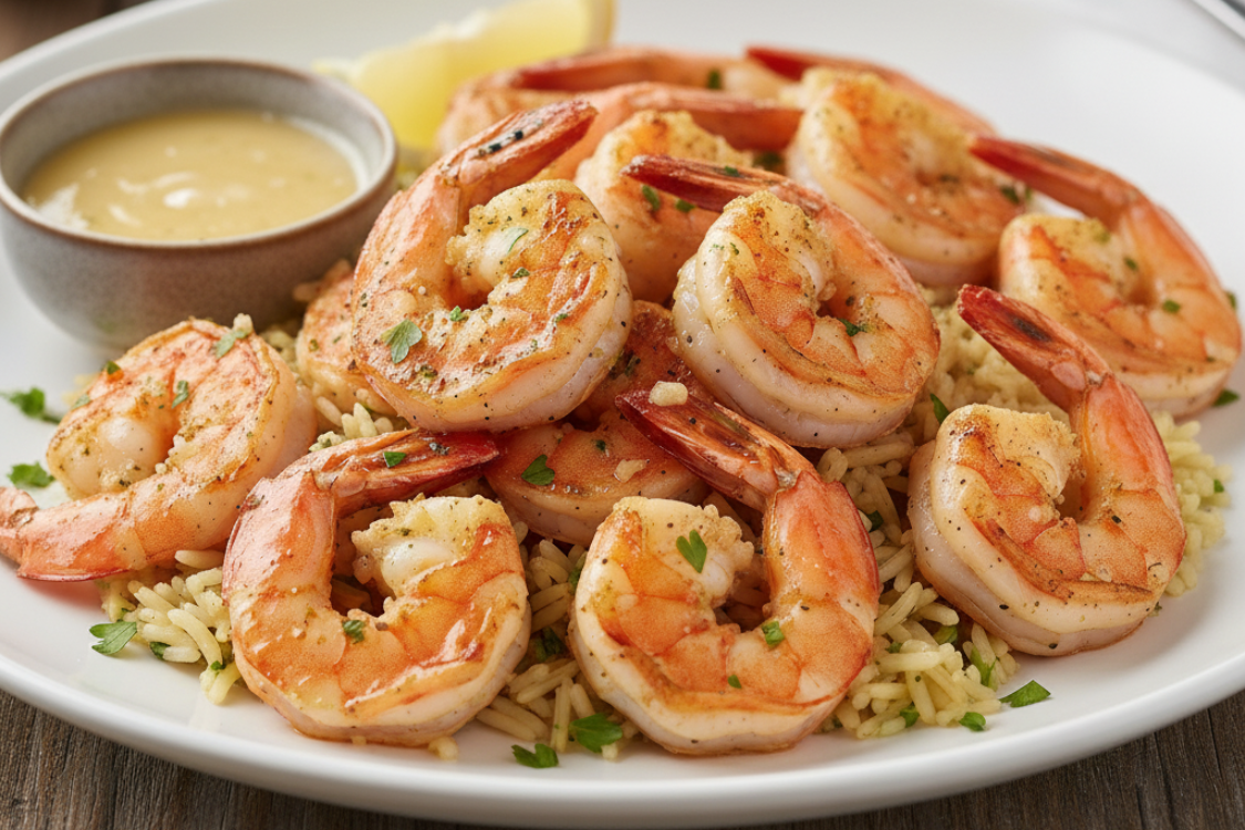 Grilled shrimp served over rice with dipping sauce, a dish relevant to shrimp and gout diet choices.