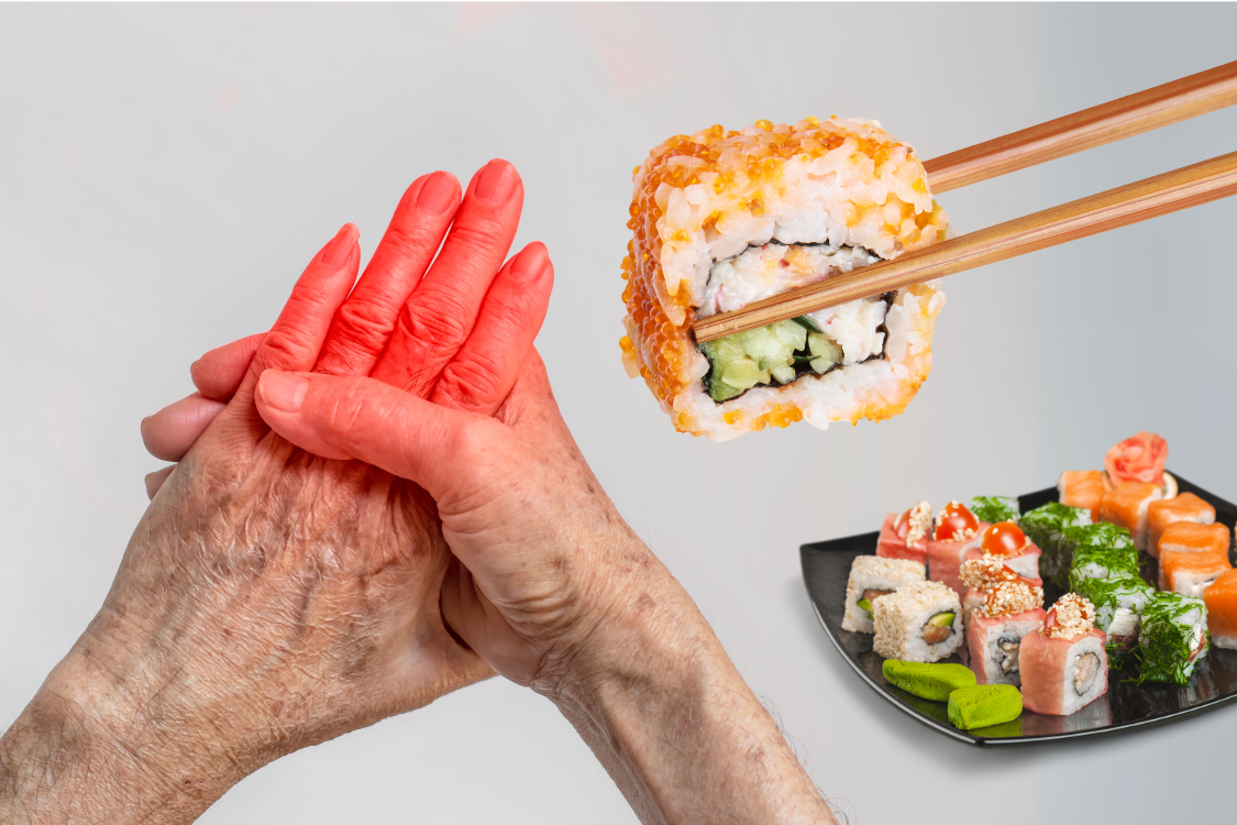 Inflamed hand from gout next to a sushi roll, symbolizing the potential risk of gout flare-ups from high-purine sushi ingredients