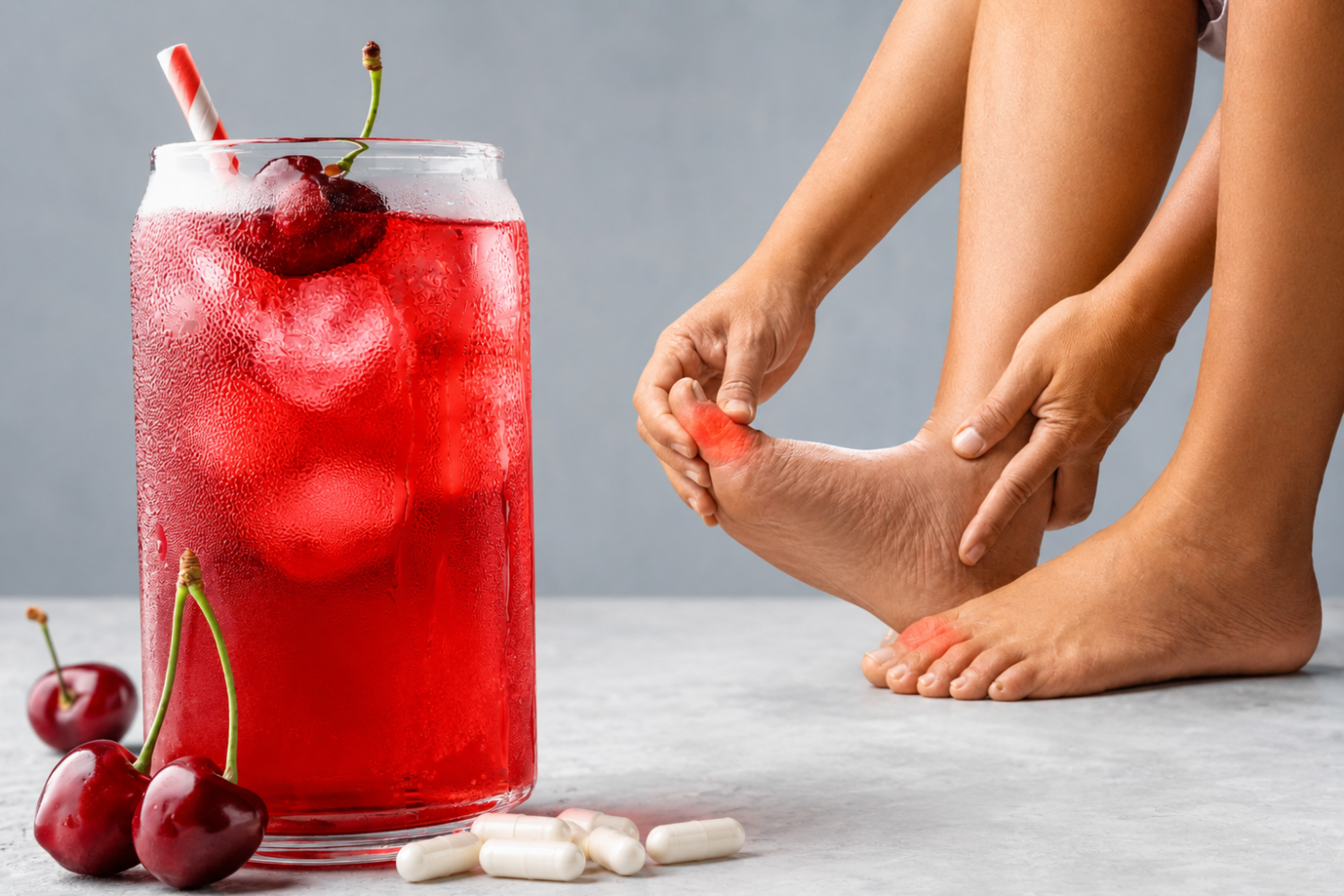 Glass of tart cherry juice, fresh cherries, and white supplement capsules beside a person holding a sore, reddened big toe for a gout-related comparison.