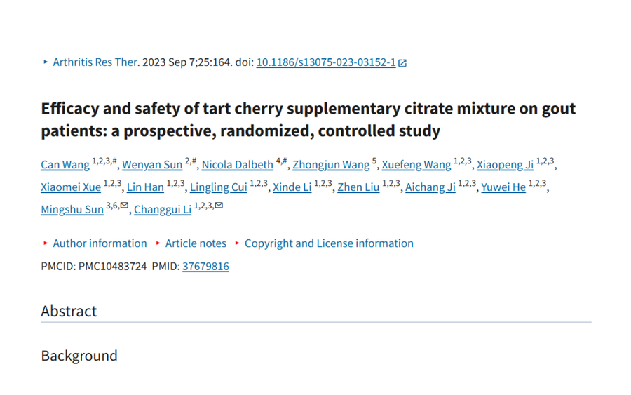 Title page of a scientific paper titled "Efficacy and safety of tart cherry supplementary citrate mixture on gout patients: a prospective, randomized, controlled study." Includes author names, affiliations, and publication details.