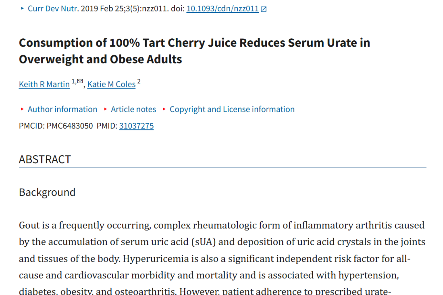 A document titled, "Consumption of 100% Tart Cherry Juice Reduces Serum Urate in Overweight and Obese Adults" by Keith R Martin and Katie M Colles.
