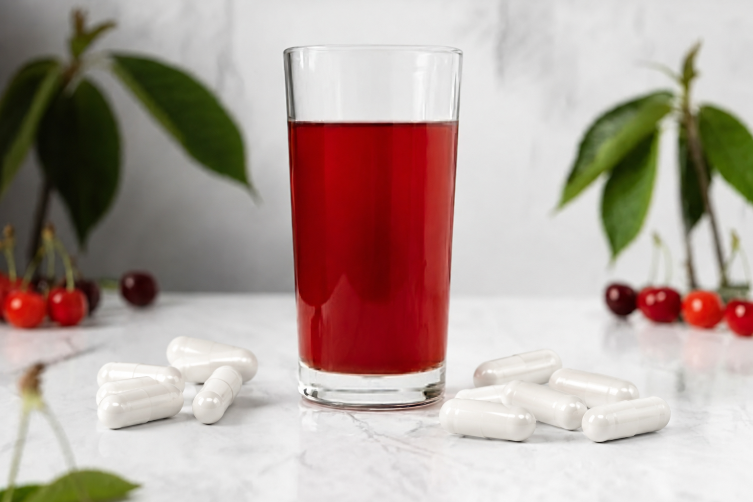 Glass of tart cherry juice beside white supplement capsules for a tart cherry supplement vs. juice comparison.
