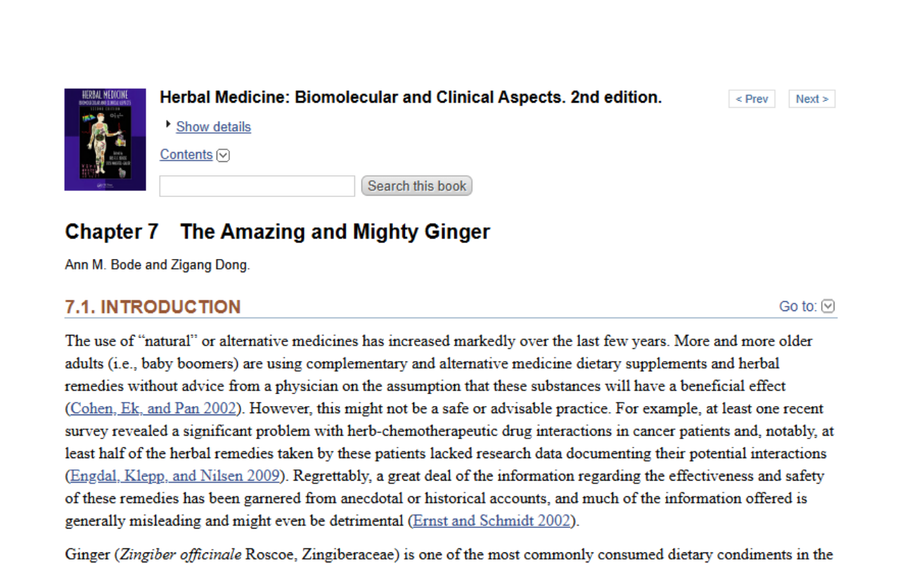 The book cover for 'Herbal Medicine: Biomolecular and Clinical Aspects. 2nd edition.' is visible, along with Chapter 7 titled 'The Amazing and Mighty Ginger' and the beginning of the introduction text.